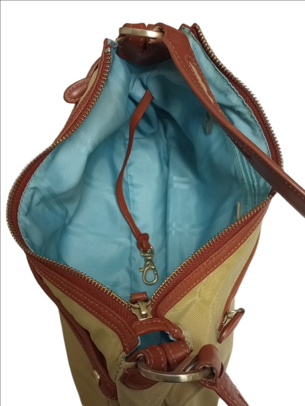 TUMI TAN BALLISTIC NYLON SHOULDER BAG WITH BROWN LEATHER TRIM - Picture 12 of 16